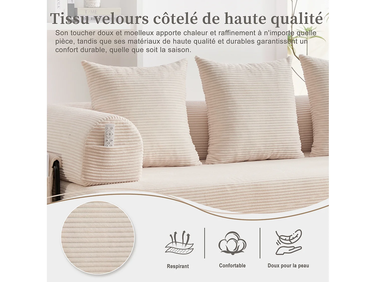 Kaleido 2.0 - Canapé Modulable en Velours Côtelé – Cadre Métallique Externe - Poches de Rangement et 3 Coussins Inclus - Beige – Idéal pour Salon, Appartement
