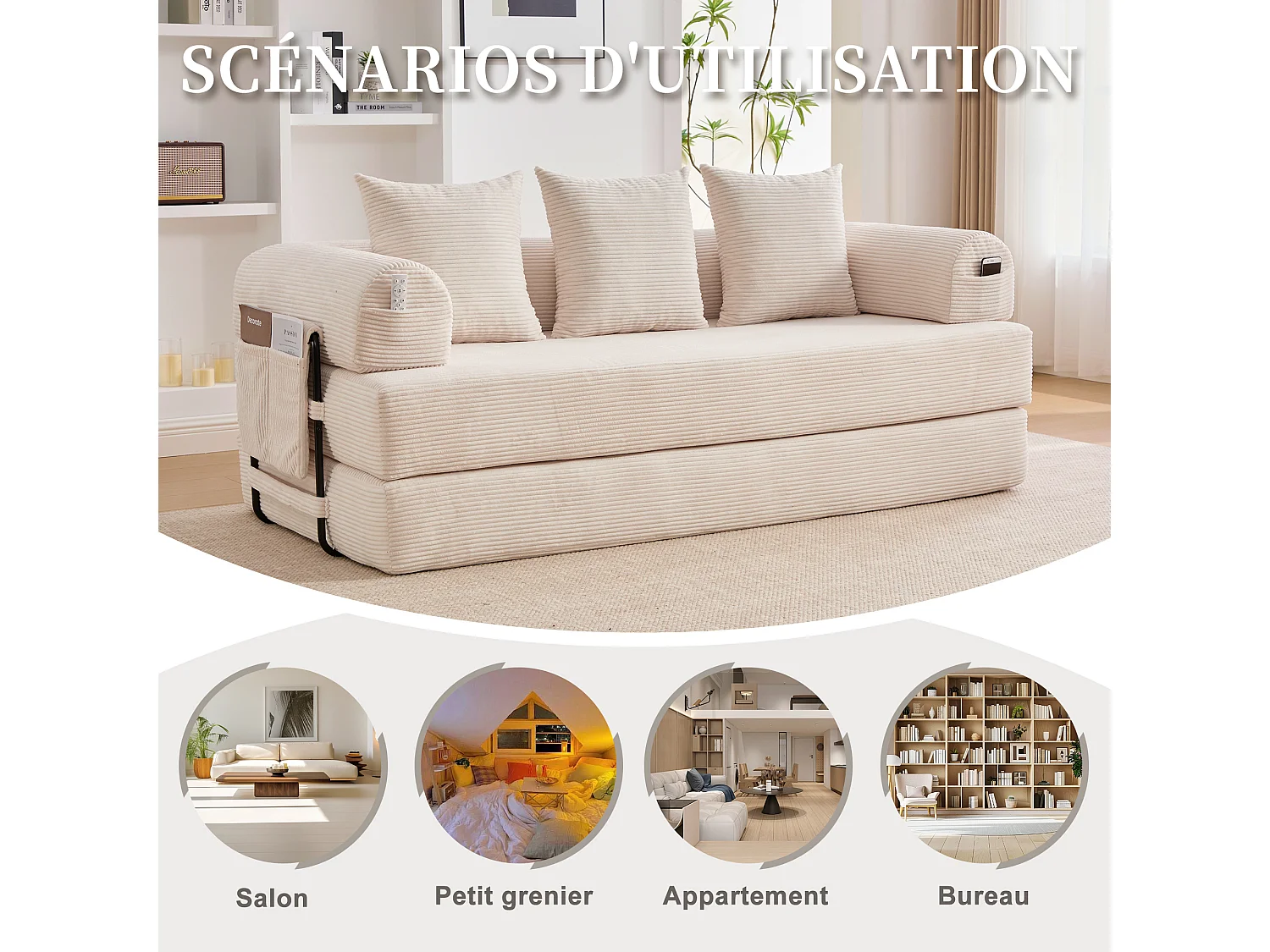 Kaleido 2.0 - Canapé Modulable en Velours Côtelé – Cadre Métallique Externe - Poches de Rangement et 3 Coussins Inclus - Beige – Idéal pour Salon, Appartement