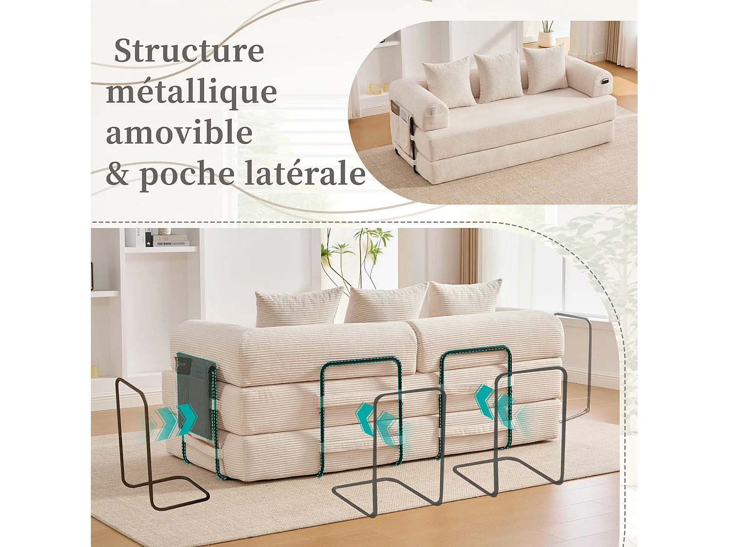 Kaleido 2.0 - Canapé Modulable en Velours Côtelé – Cadre Métallique Externe - Poches de Rangement et 3 Coussins Inclus - Beige – Idéal pour Salon, Appartement