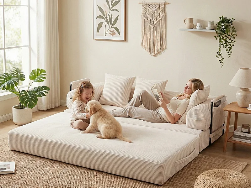 Kaleido 2.0 - Canapé Modulable en Velours Côtelé – Cadre Métallique Externe - Poches de Rangement et 3 Coussins Inclus - Beige – Idéal pour Salon, Appartement