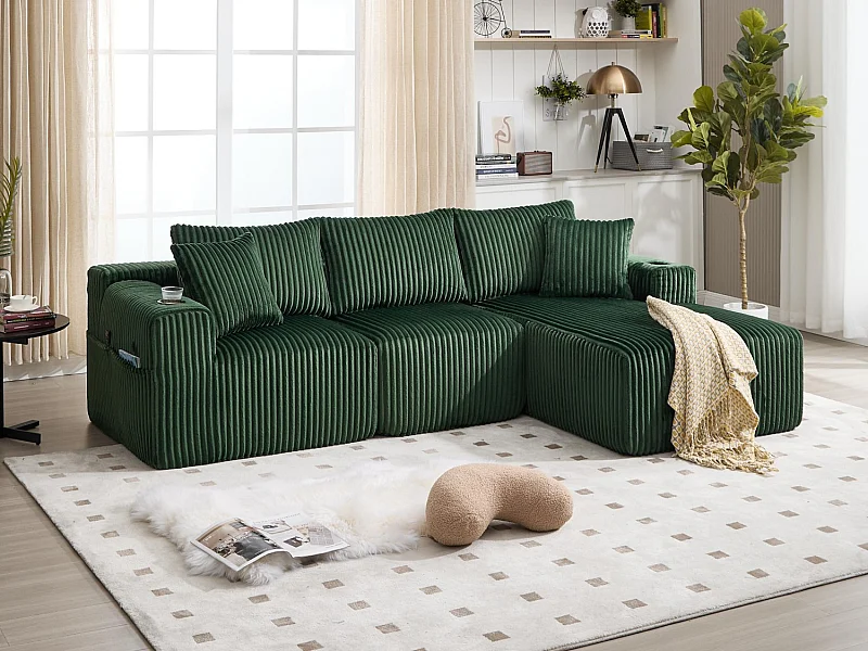 Canapé modulable 3 places - 5 coussins inclus - Porte-gobelets et poches latérales - Convertible en canapé d'angle - Vert - Idéal salon et studio