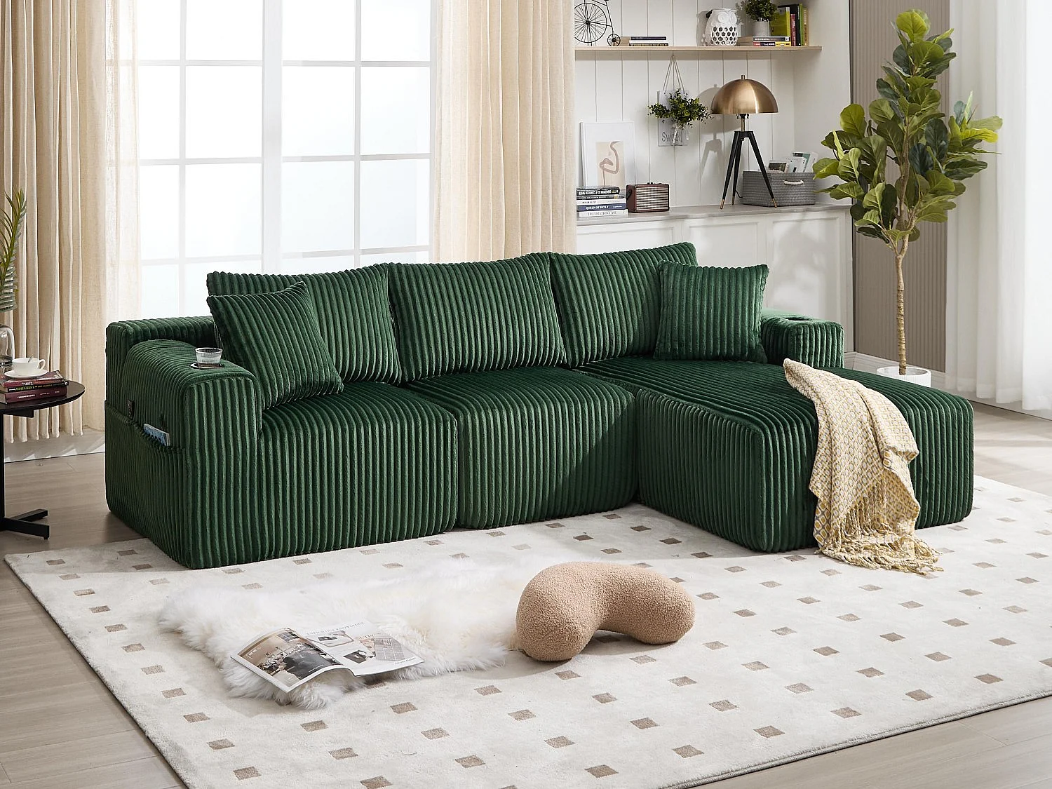 Canapé modulable 3 places - 5 coussins inclus - Porte-gobelets et poches latérales - Convertible en canapé d'angle - Vert - Idéal salon et studio