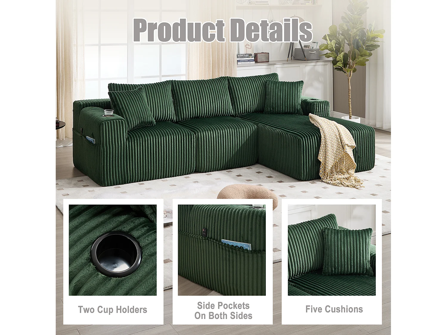 Canapé modulable 3 places - 5 coussins inclus - Porte-gobelets et poches latérales - Convertible en canapé d'angle - Vert - Idéal salon et studio