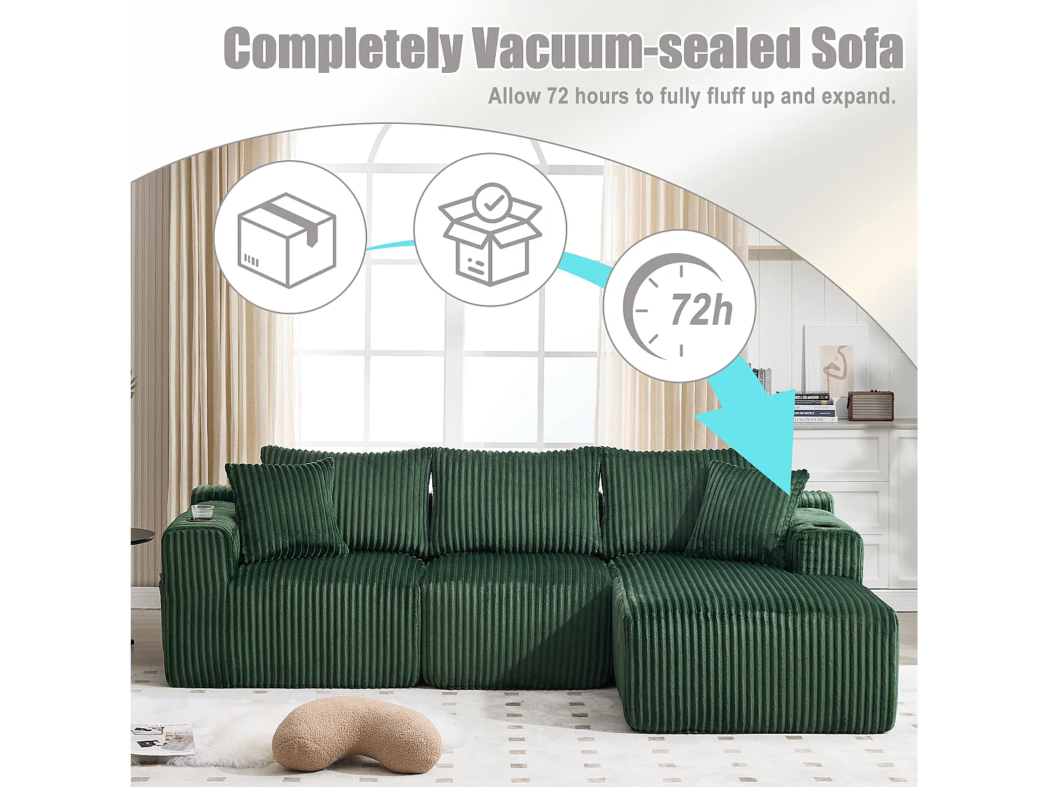 Canapé modulable 3 places - 5 coussins inclus - Porte-gobelets et poches latérales - Convertible en canapé d'angle - Vert - Idéal salon et studio