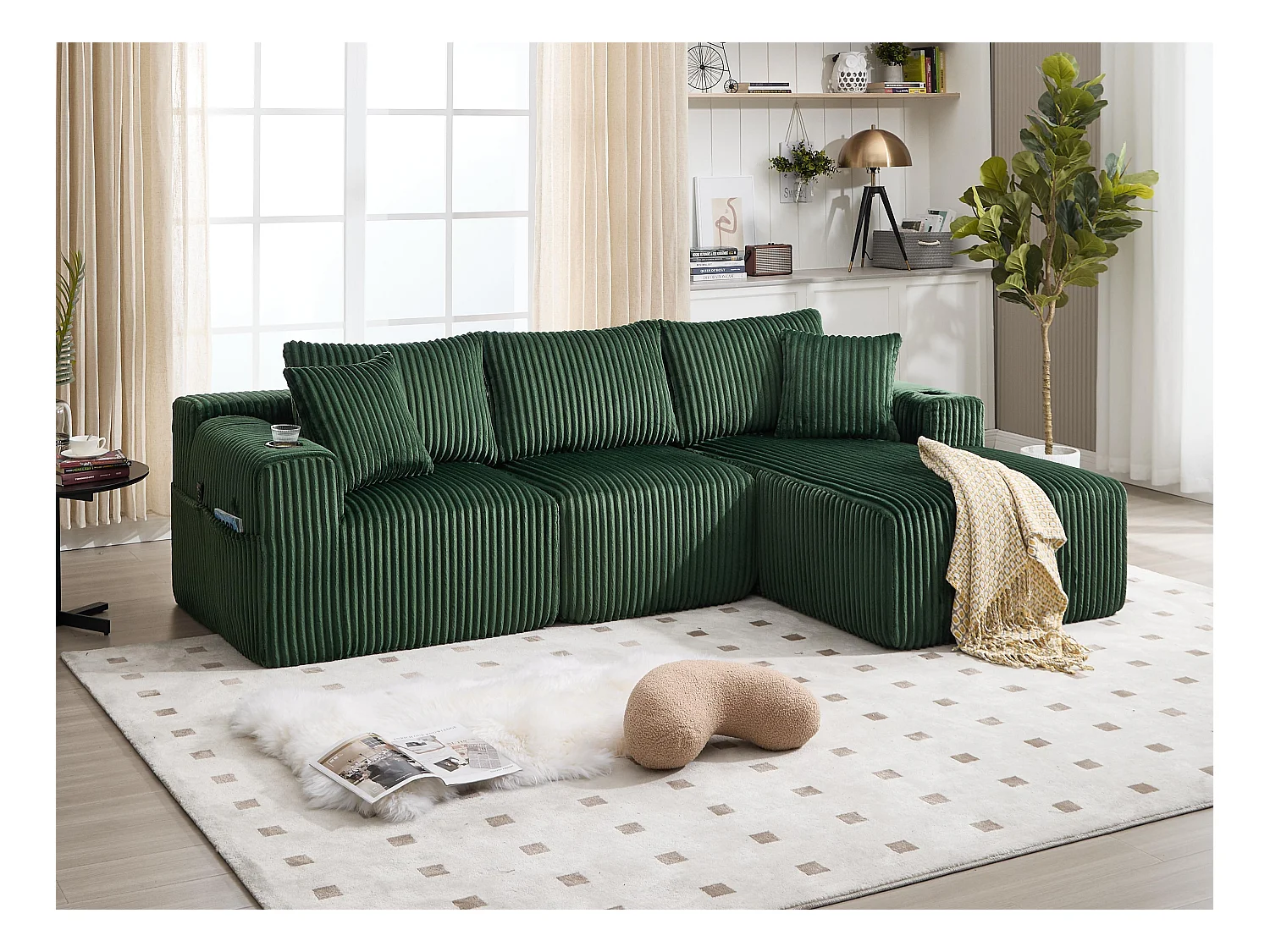 Canapé modulable 3 places - 5 coussins inclus - Porte-gobelets et poches latérales - Convertible en canapé d'angle - Vert - Idéal salon et studio