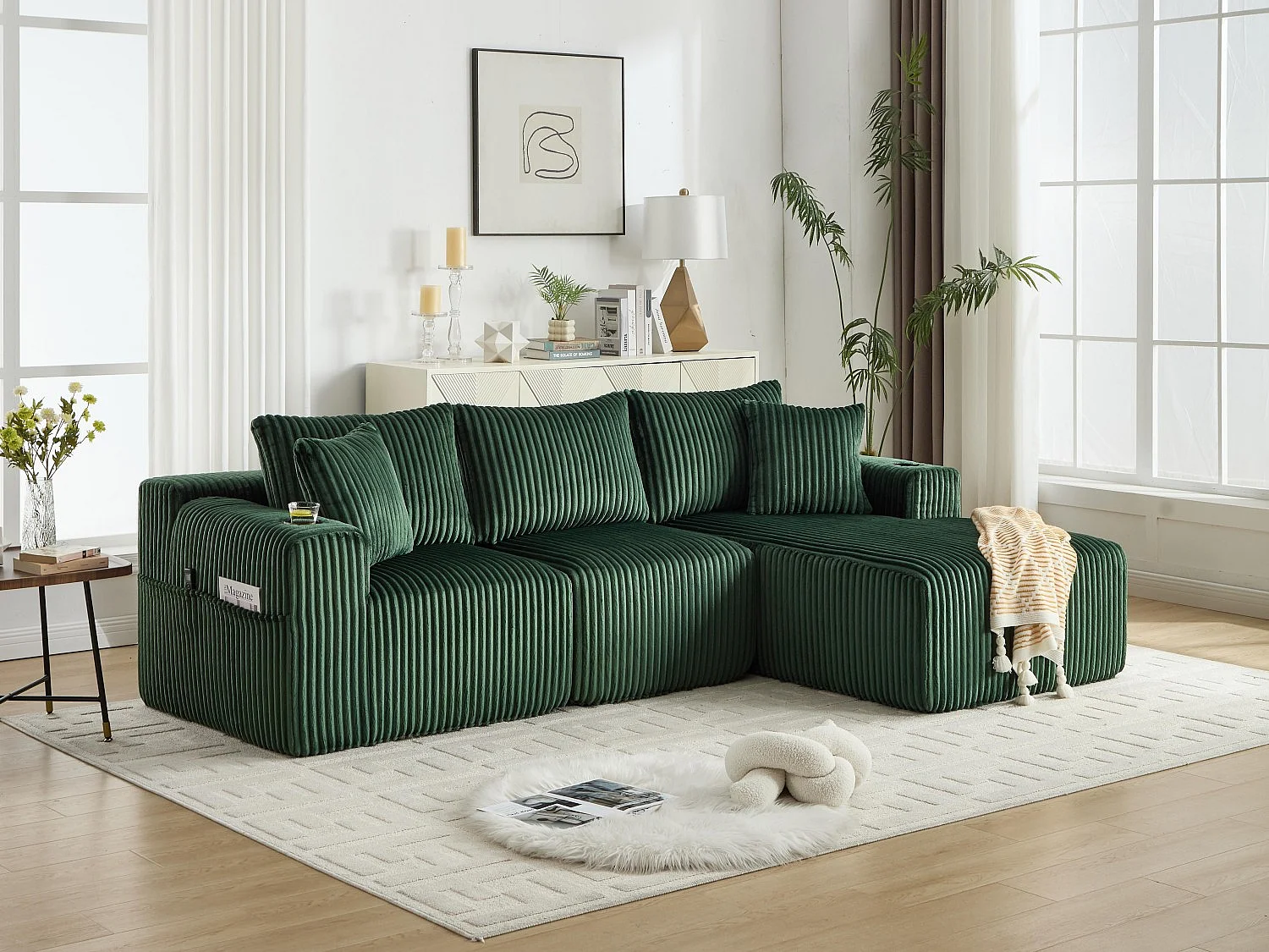 Canapé modulable 3 places - 5 coussins inclus - Porte-gobelets et poches latérales - Convertible en canapé d'angle - Vert - Idéal salon et studio