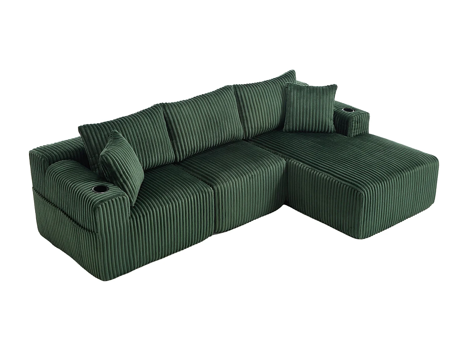 Canapé modulable 3 places - 5 coussins inclus - Porte-gobelets et poches latérales - Convertible en canapé d'angle - Vert - Idéal salon et studio