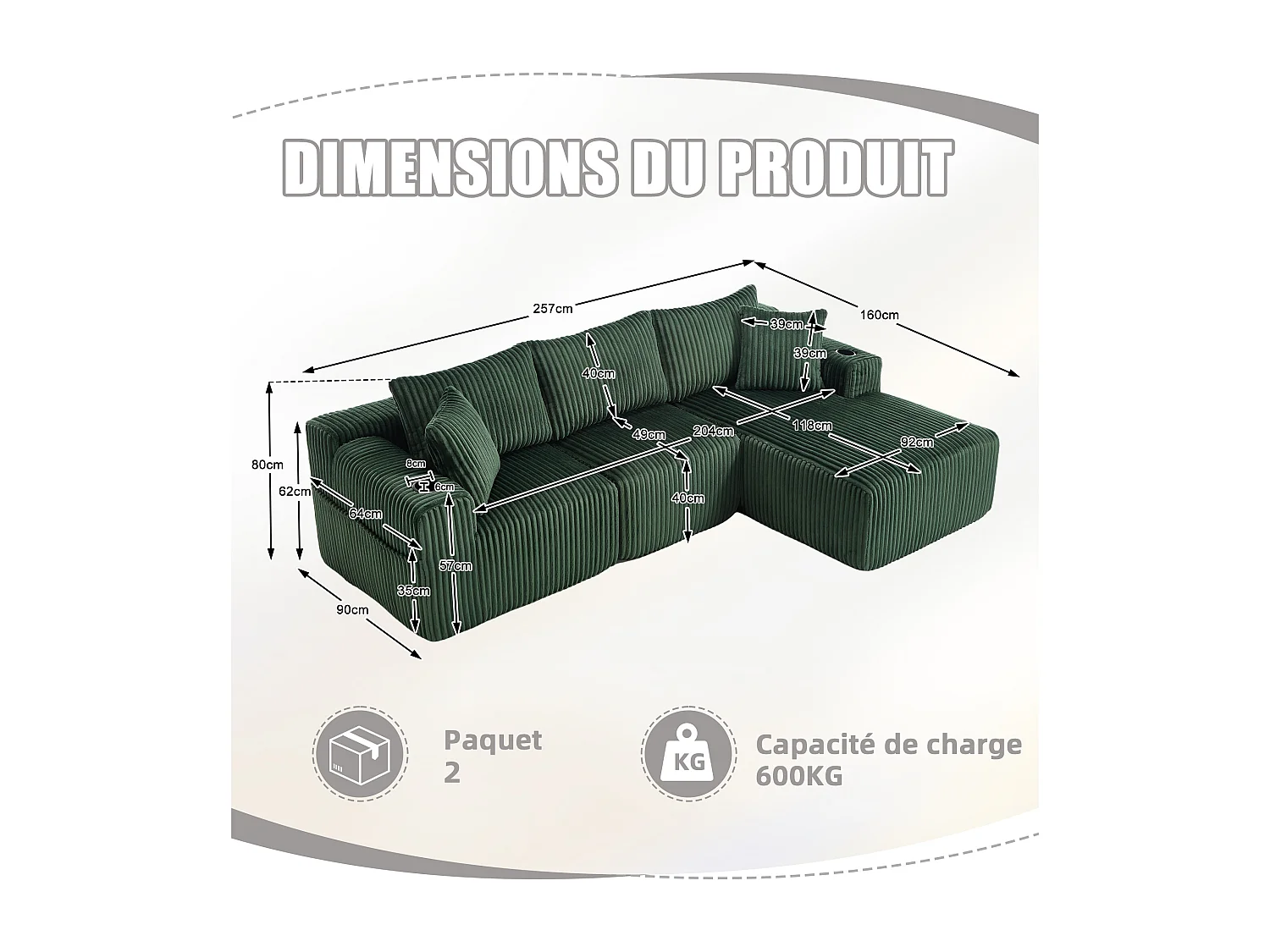Canapé modulable 3 places - 5 coussins inclus - Porte-gobelets et poches latérales - Convertible en canapé d'angle - Vert - Idéal salon et studio