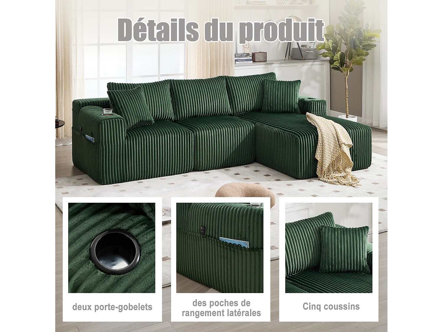 Canapé modulable 3 places - 5 coussins inclus - Porte-gobelets et poches latérales - Convertible en canapé d'angle - Vert - Idéal salon et studio
