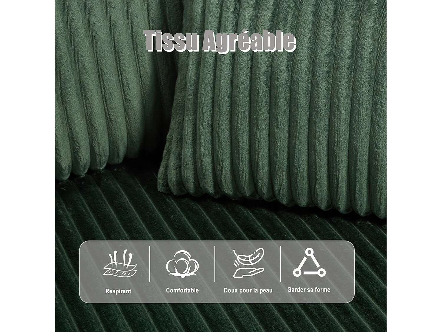 Canapé modulable 3 places - 5 coussins inclus - Porte-gobelets et poches latérales - Convertible en canapé d'angle - Vert - Idéal salon et studio