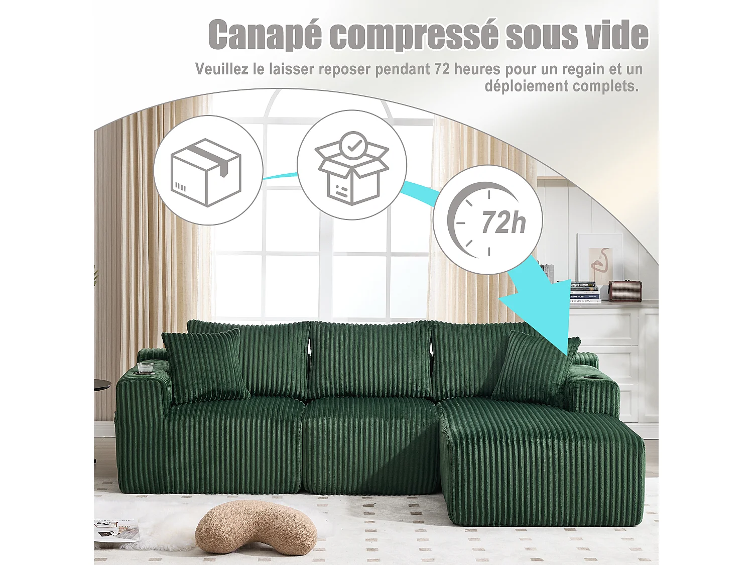 Canapé modulable 3 places - 5 coussins inclus - Porte-gobelets et poches latérales - Convertible en canapé d'angle - Vert - Idéal salon et studio