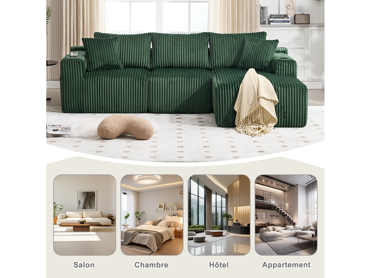 Canapé modulable 3 places - 5 coussins inclus - Porte-gobelets et poches latérales - Convertible en canapé d'angle - Vert - Idéal salon et studio