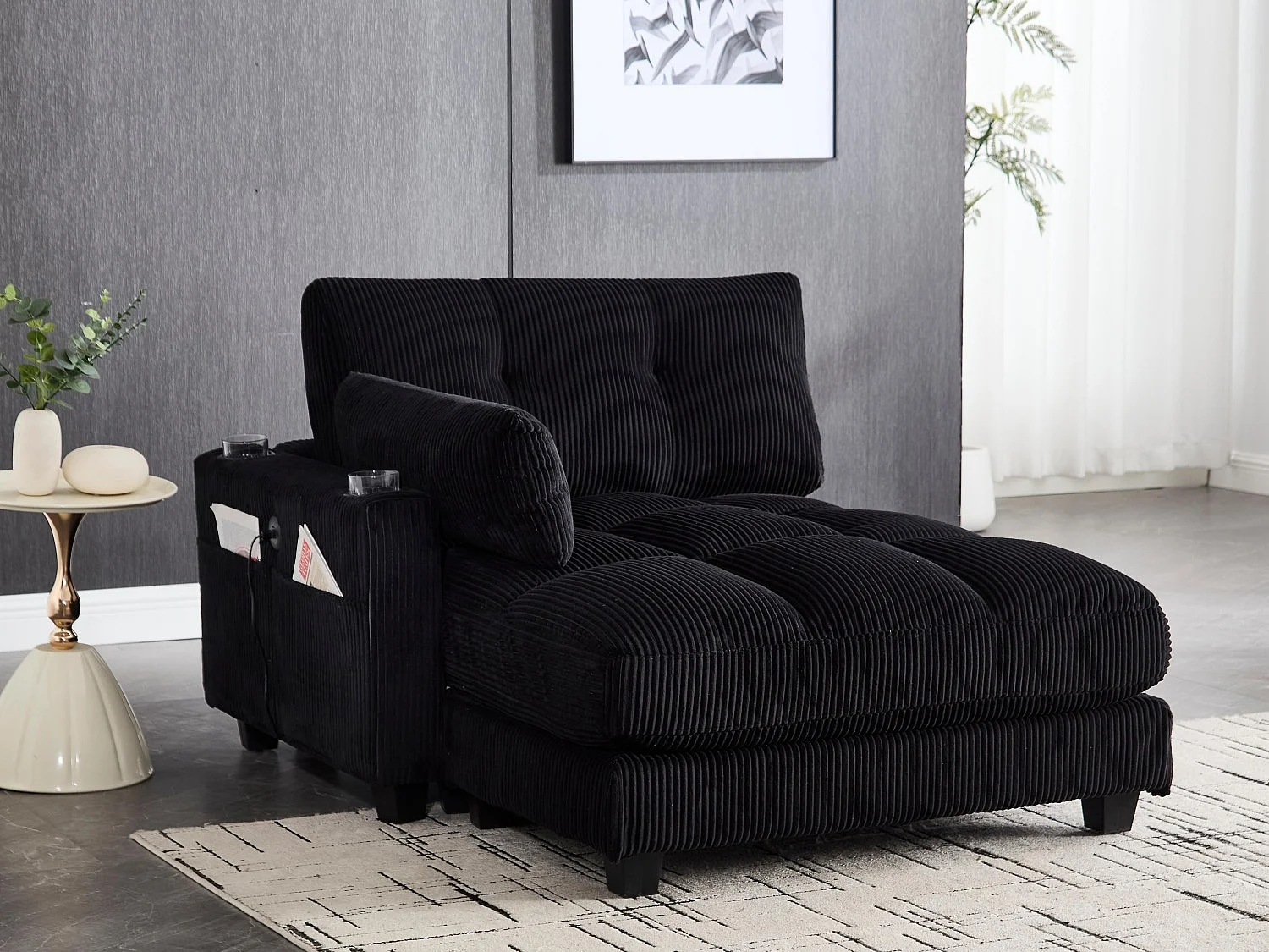 Canapé modulable en velours Noir – avec USB et porte‑gobelet – multifonction pour petit espace - 112x140x81cm