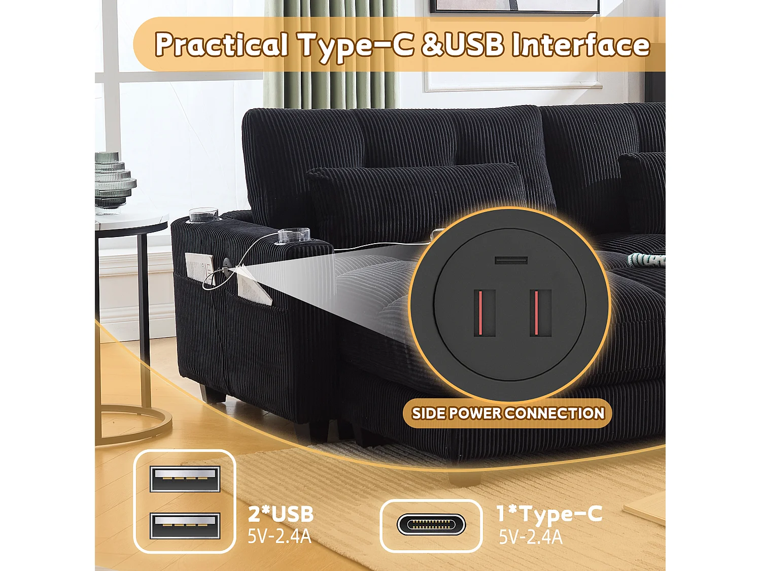 Canapé modulable en velours Noir – avec USB et porte‑gobelet – multifonction pour petit espace - 112x140x81cm