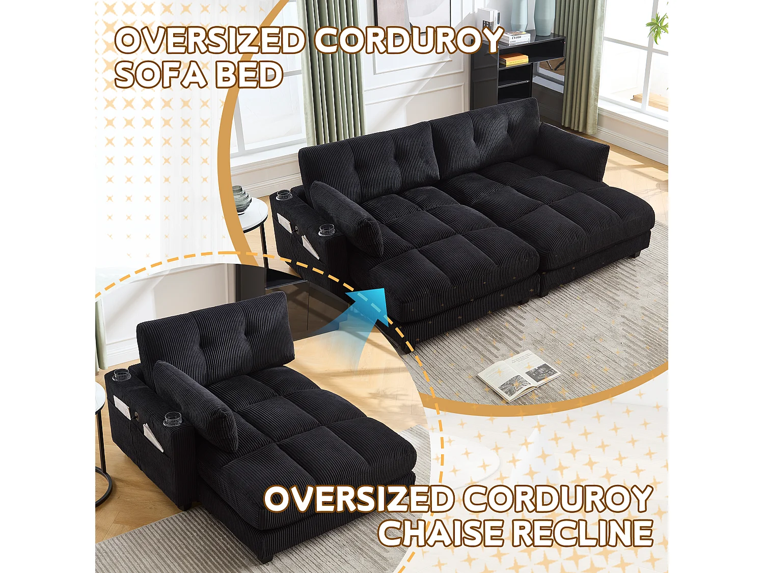 Canapé modulable en velours Noir – avec USB et porte‑gobelet – multifonction pour petit espace - 112x140x81cm