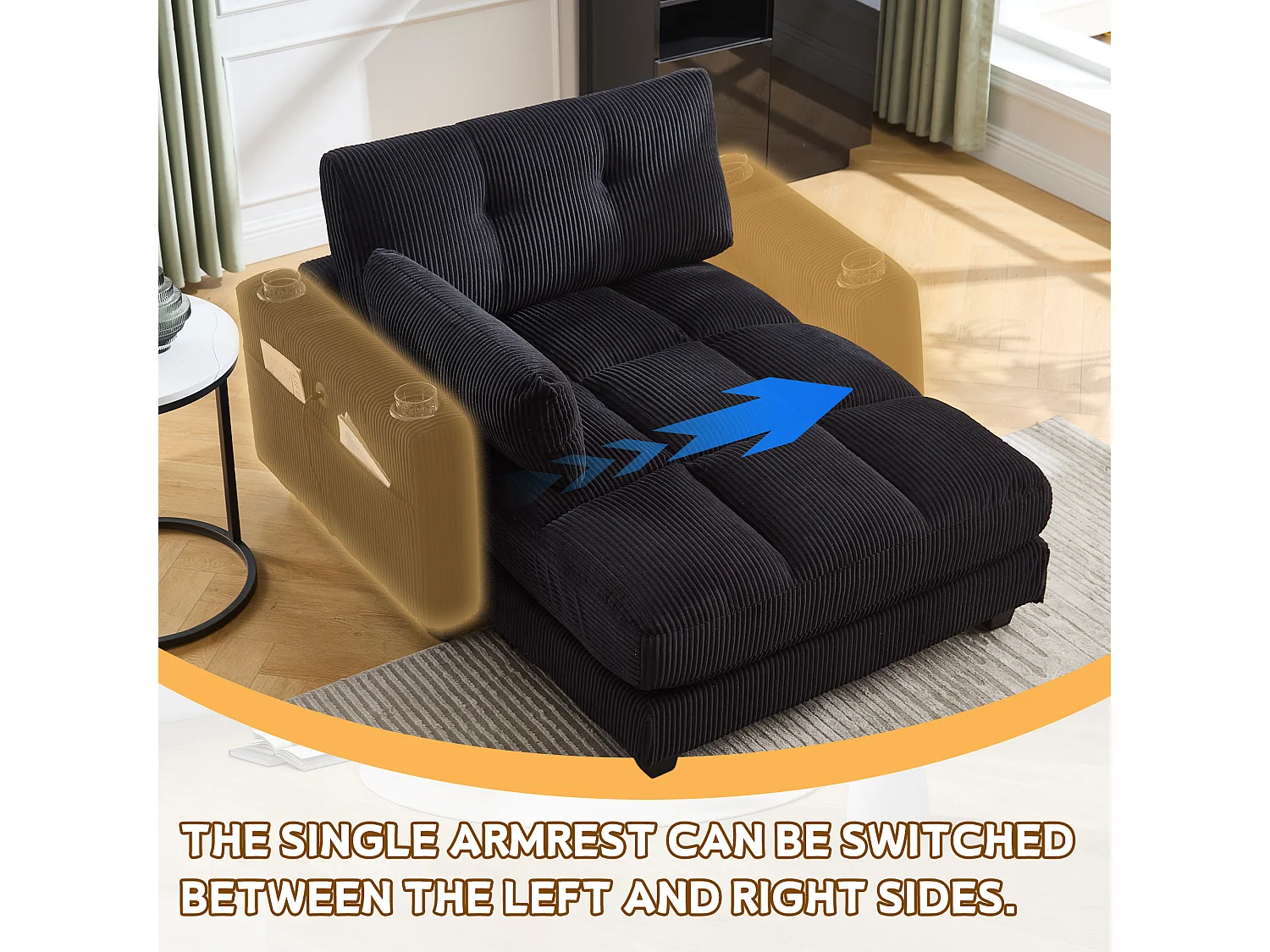 Canapé modulable en velours Noir – avec USB et porte‑gobelet – multifonction pour petit espace - 112x140x81cm