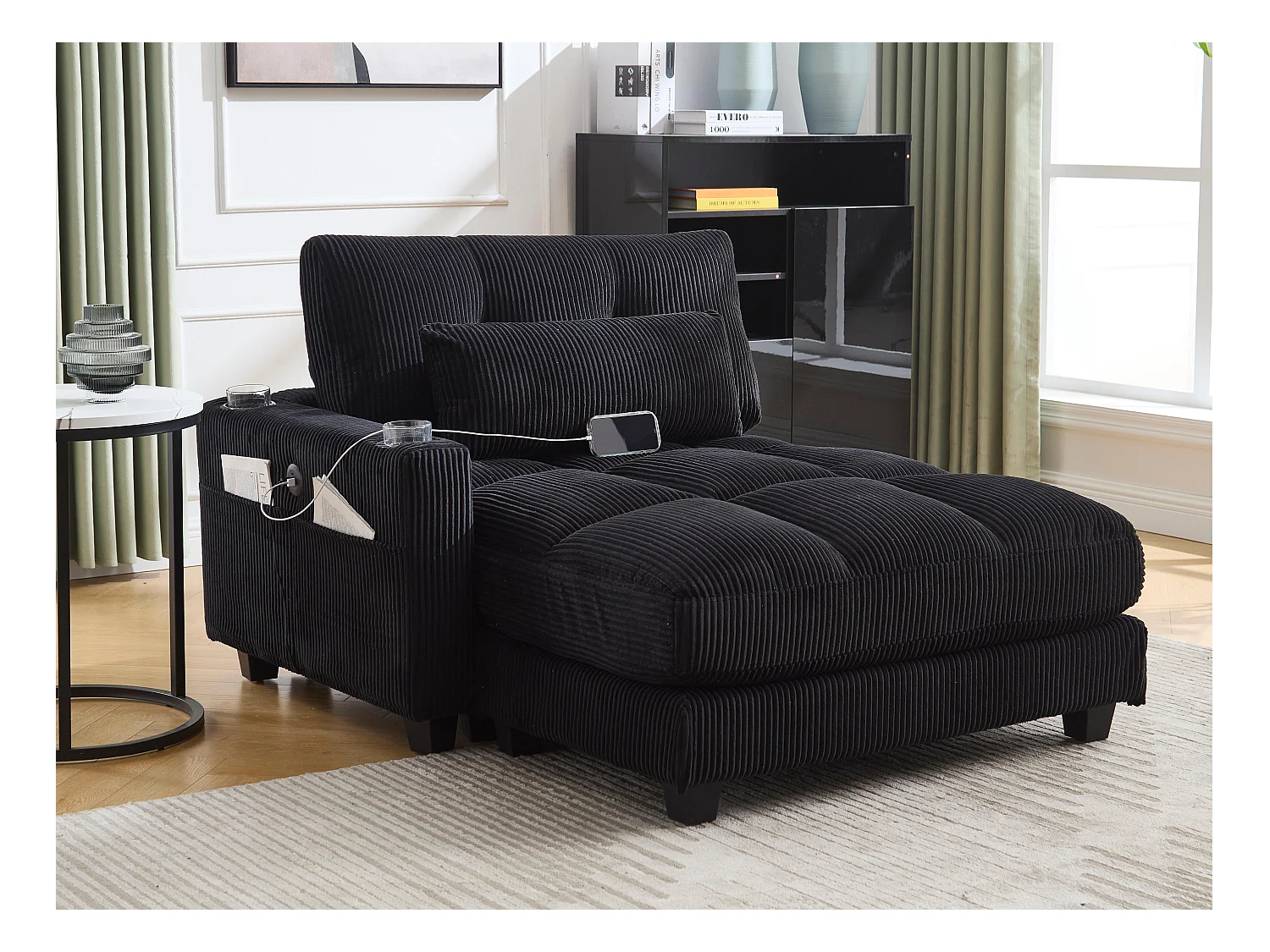 Canapé convertible en velours Noir – avec USB et porte‑gobelet – multifonction pour petit espace - 112x140x81cm