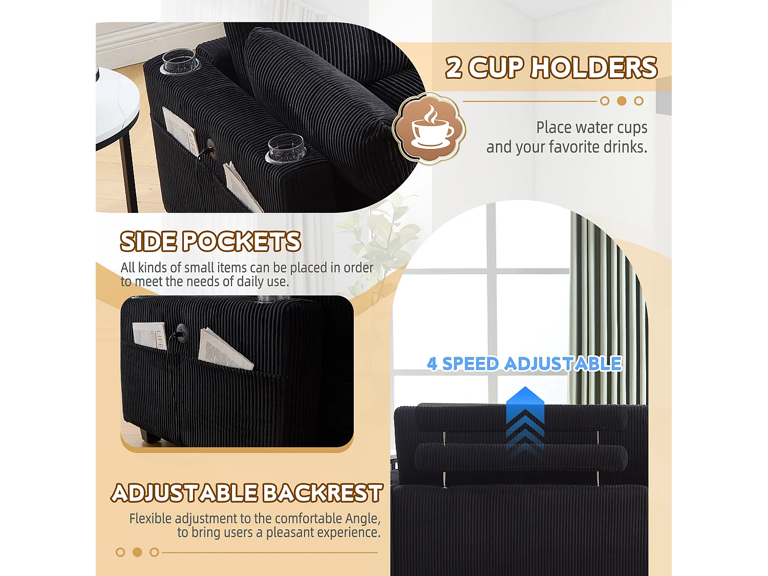 Canapé modulable en velours Noir – avec USB et porte‑gobelet – multifonction pour petit espace - 112x140x81cm