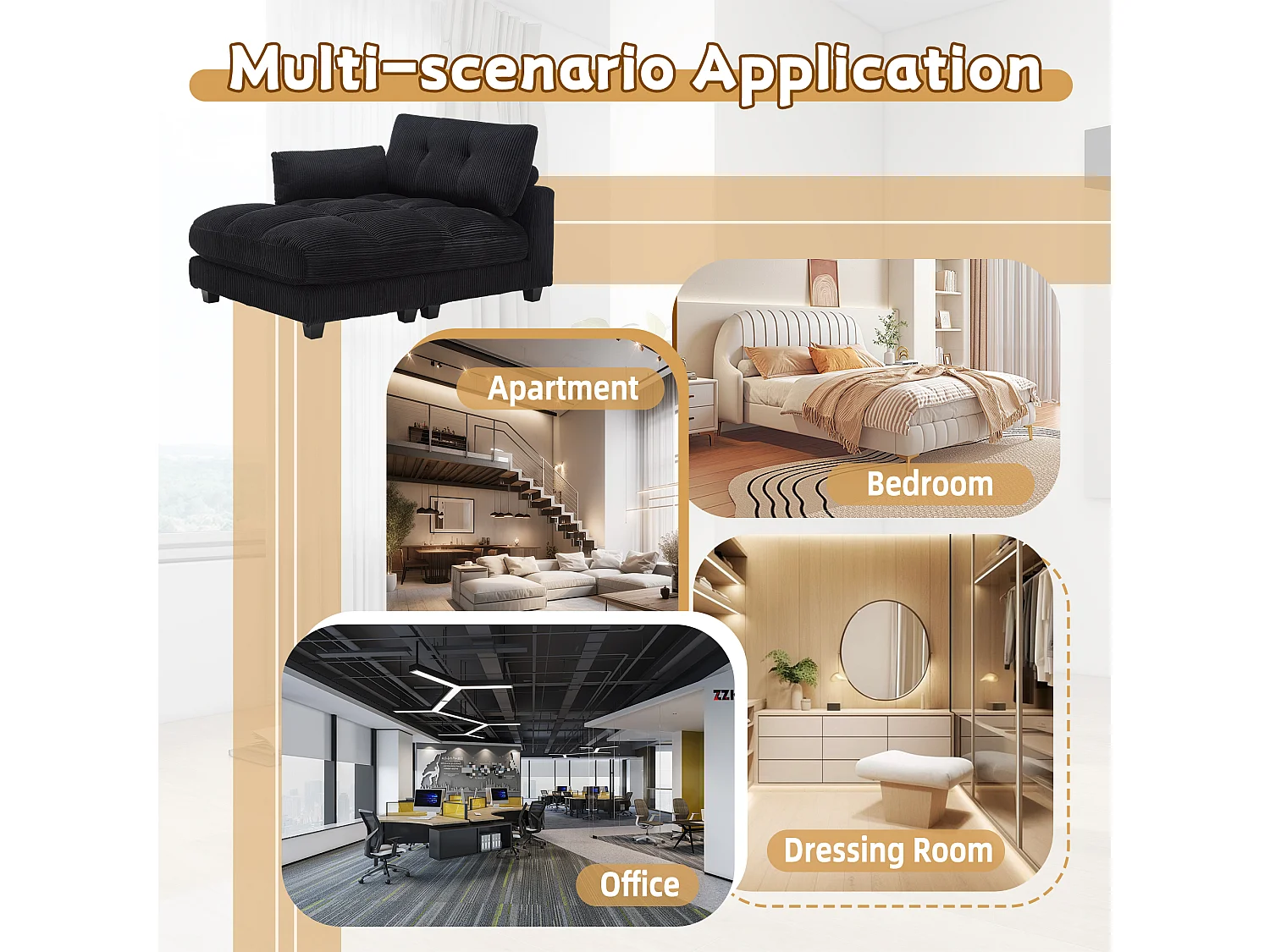 Canapé modulable en velours Noir – avec USB et porte‑gobelet – multifonction pour petit espace - 112x140x81cm