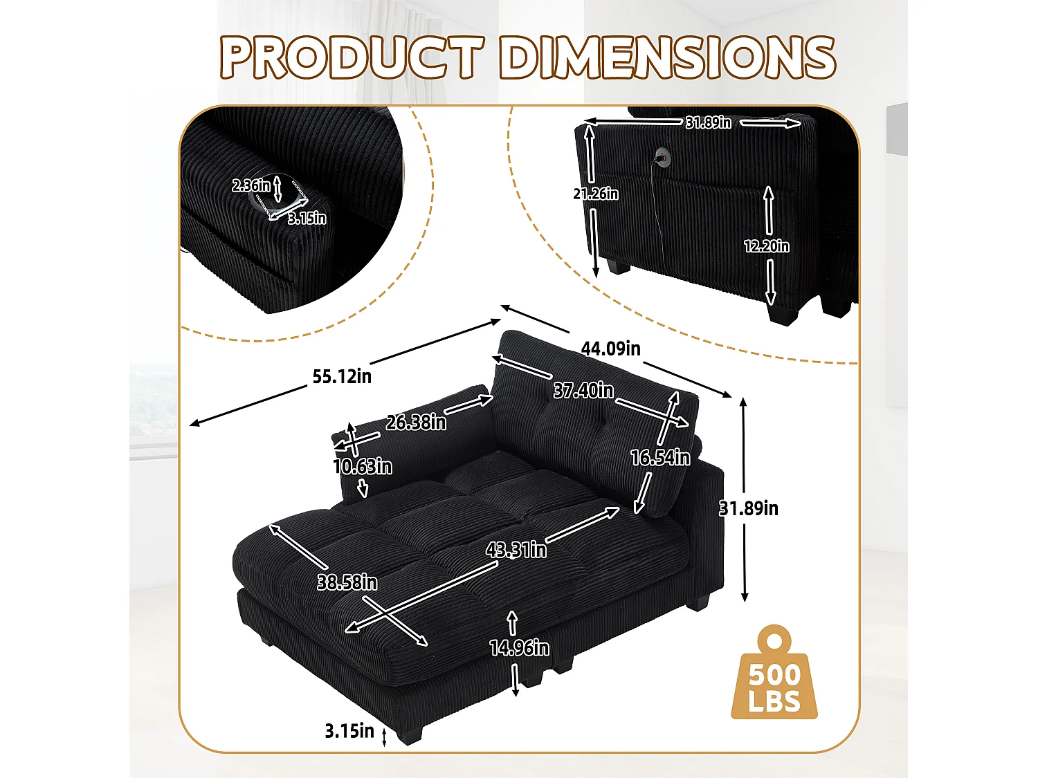 Canapé modulable en velours Noir – avec USB et porte‑gobelet – multifonction pour petit espace - 112x140x81cm