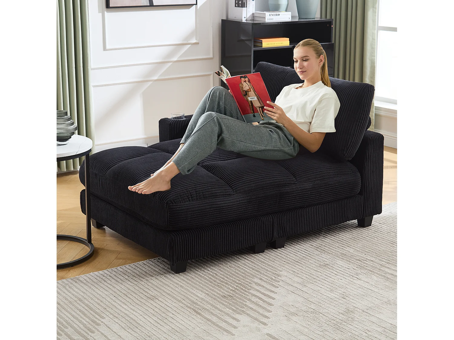 Canapé modulable en velours Noir – avec USB et porte‑gobelet – multifonction pour petit espace - 112x140x81cm