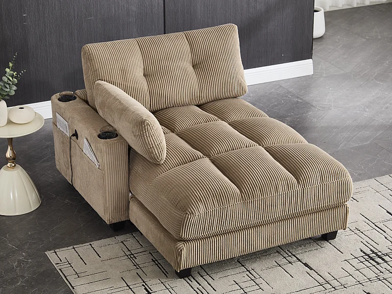 Canapé convertible en velours Kaki– avec USB et porte‑gobelet – multifonction pour petit espace - 112x140x81cm