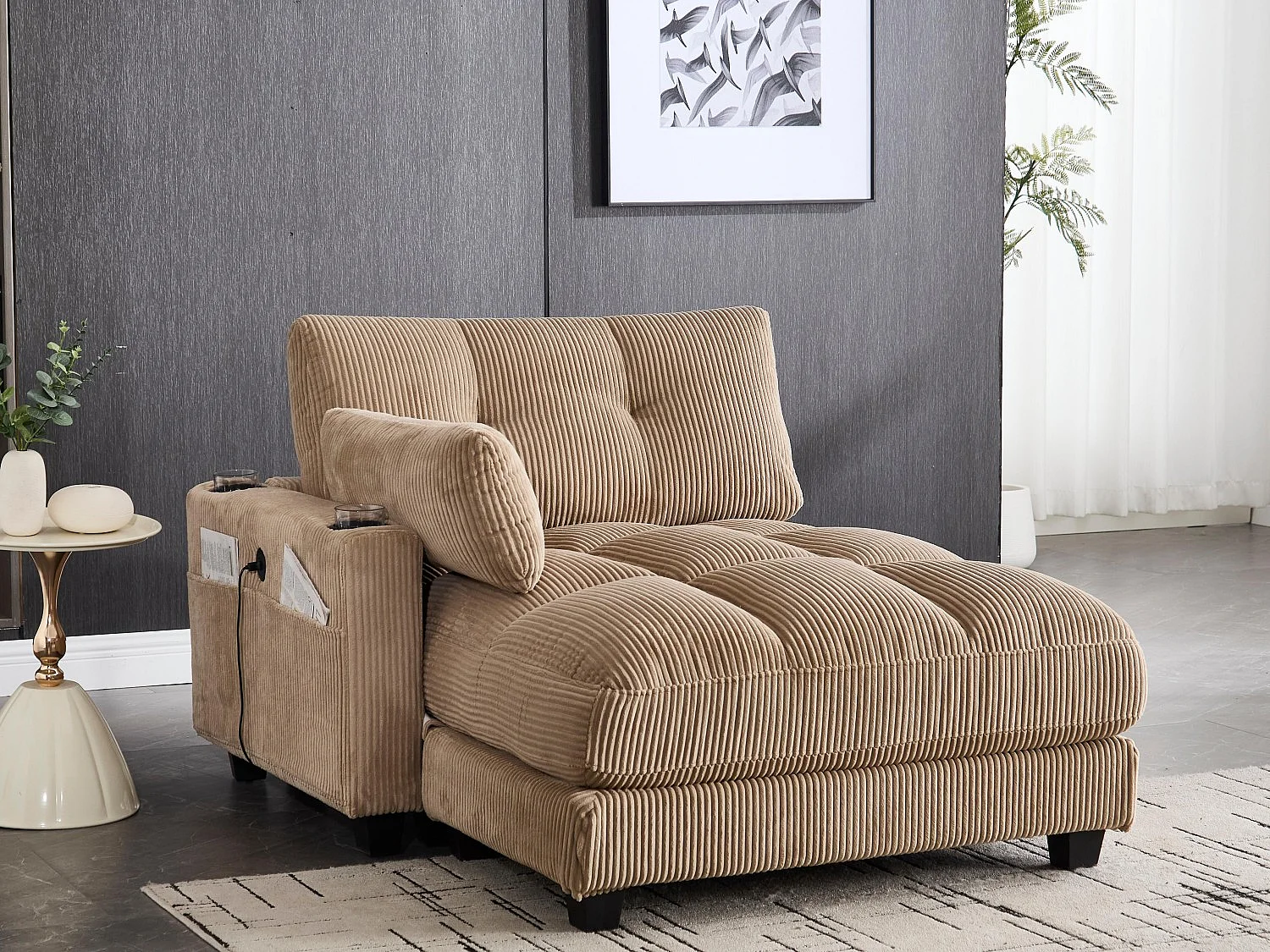 Canapé modulable en velours Kaki– avec USB et porte‑gobelet – multifonction pour petit espace - 112x140x81cm