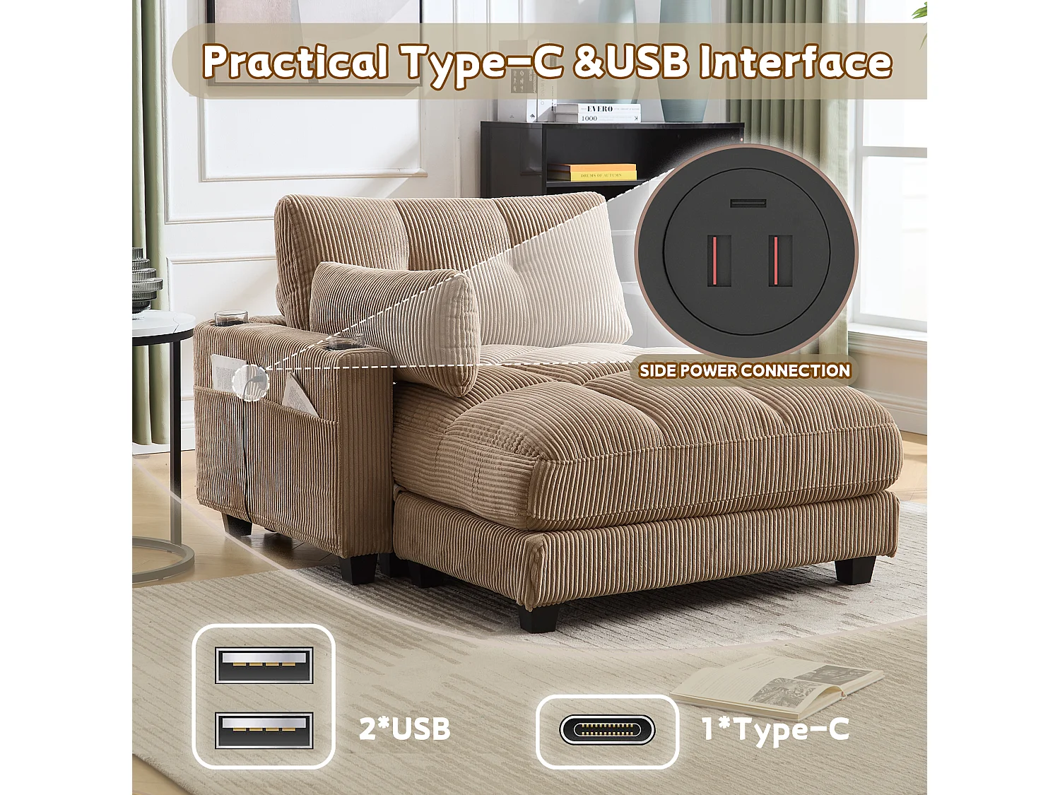 Canapé modulable en velours Kaki– avec USB et porte‑gobelet – multifonction pour petit espace - 112x140x81cm