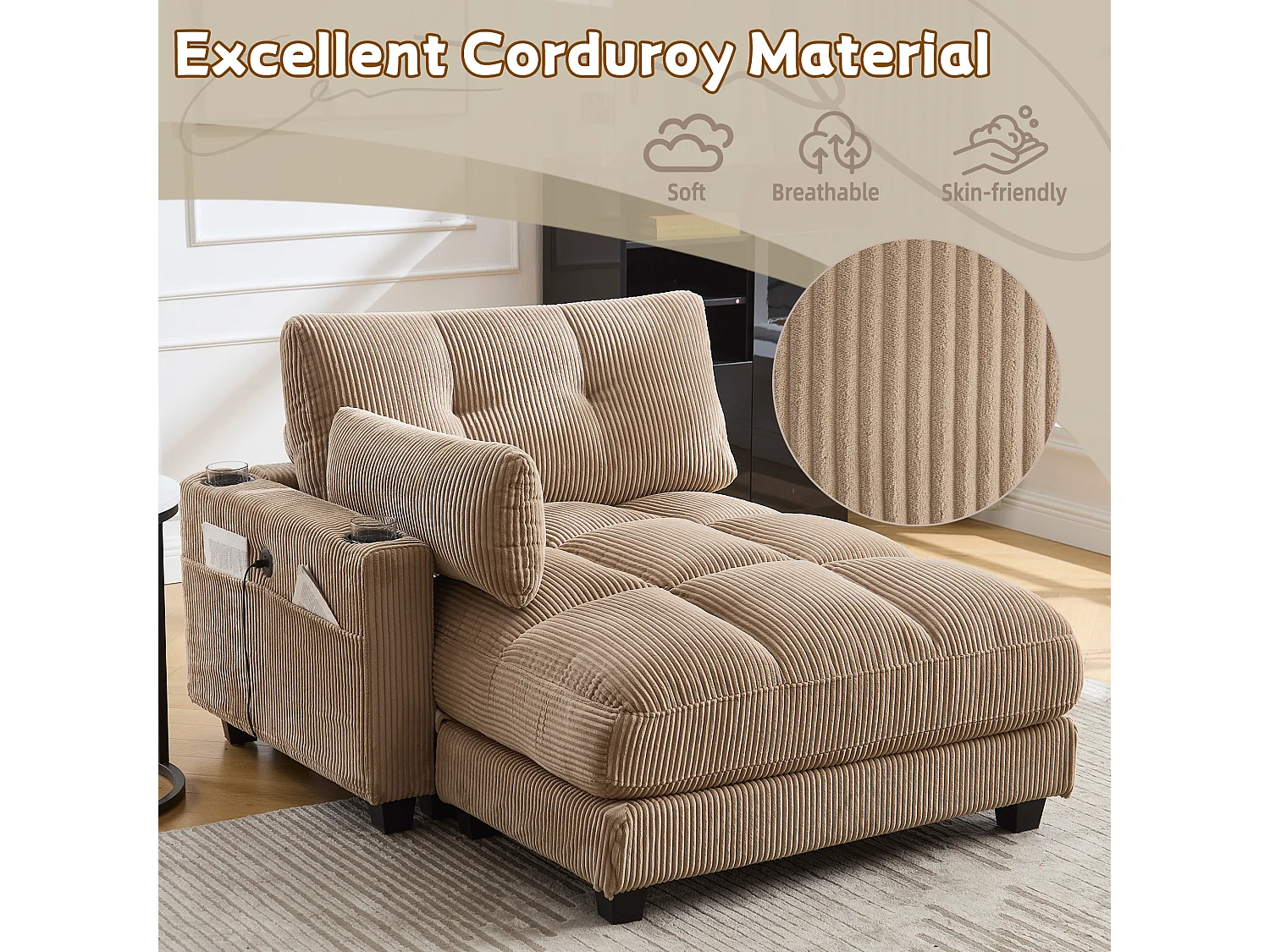 Canapé modulable en velours Kaki– avec USB et porte‑gobelet – multifonction pour petit espace - 112x140x81cm