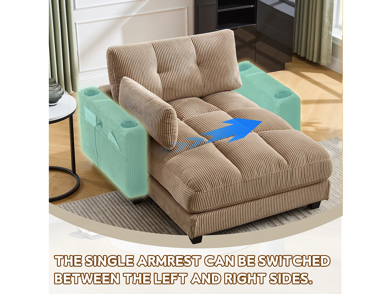 Canapé modulable en velours Kaki– avec USB et porte‑gobelet – multifonction pour petit espace - 112x140x81cm