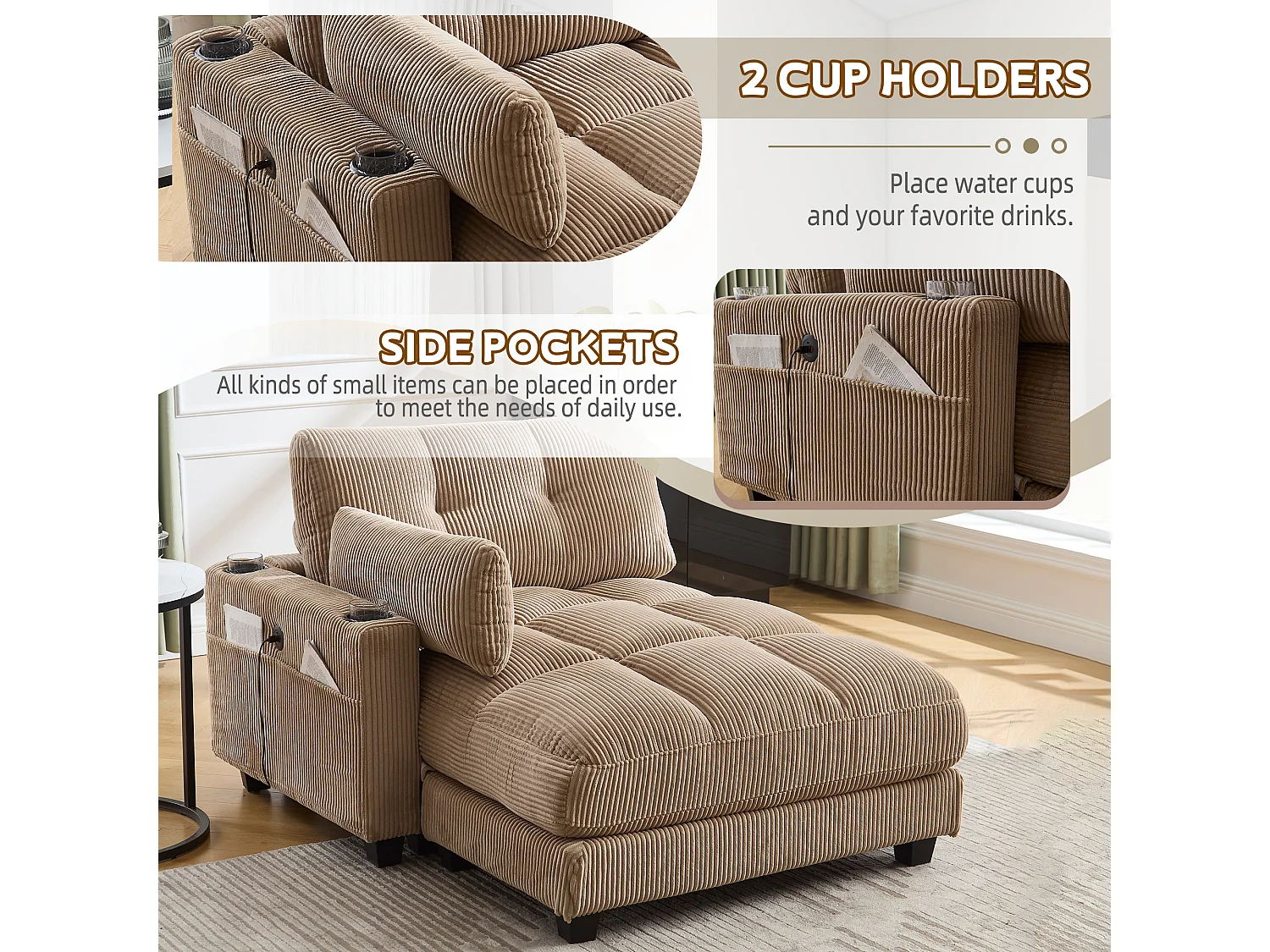 Canapé modulable en velours Kaki– avec USB et porte‑gobelet – multifonction pour petit espace - 112x140x81cm