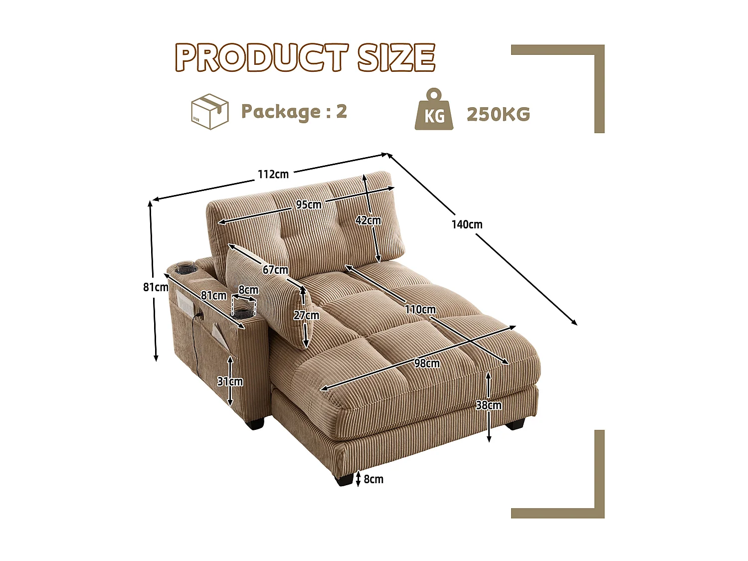 Canapé modulable en velours Kaki– avec USB et porte‑gobelet – multifonction pour petit espace - 112x140x81cm