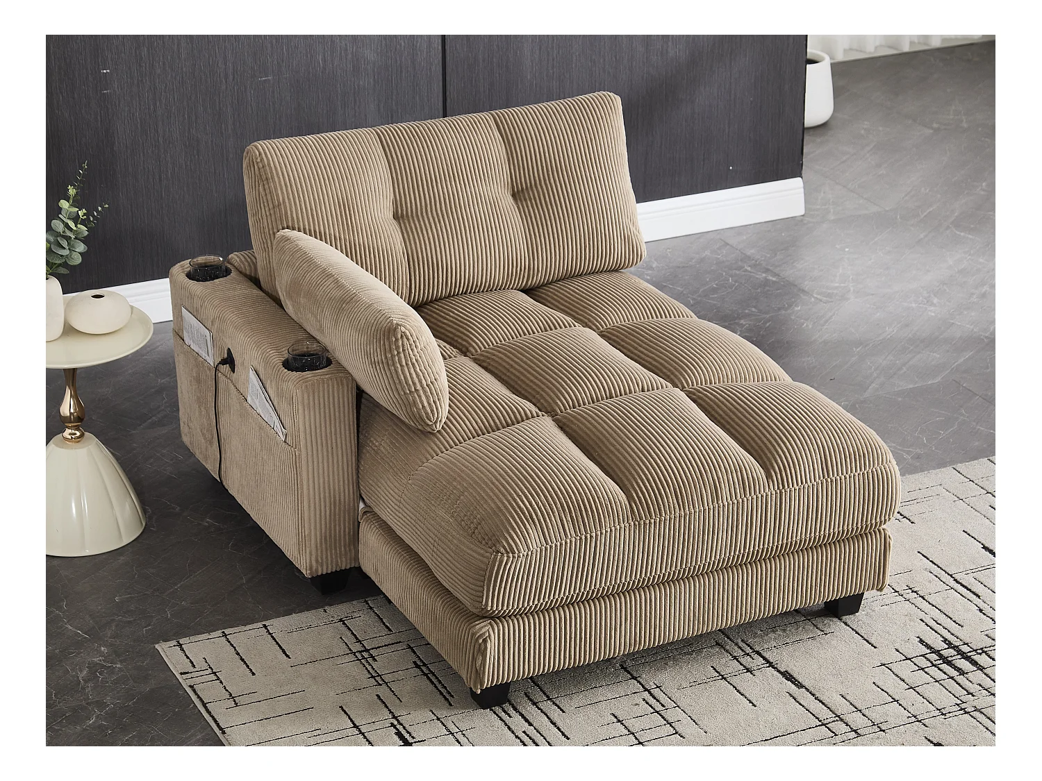 Canapé convertible en velours Kaki– avec USB et porte‑gobelet – multifonction pour petit espace - 112x140x81cm