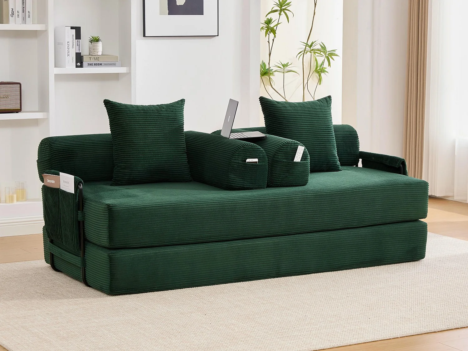 Kaleido 2.0 - Canapé Modulable en Velours Côtelé – Cadre Métallique Externe - Poches de Rangement et 3 Coussins Inclus - Vert - Idéal pour Salon, Appartement