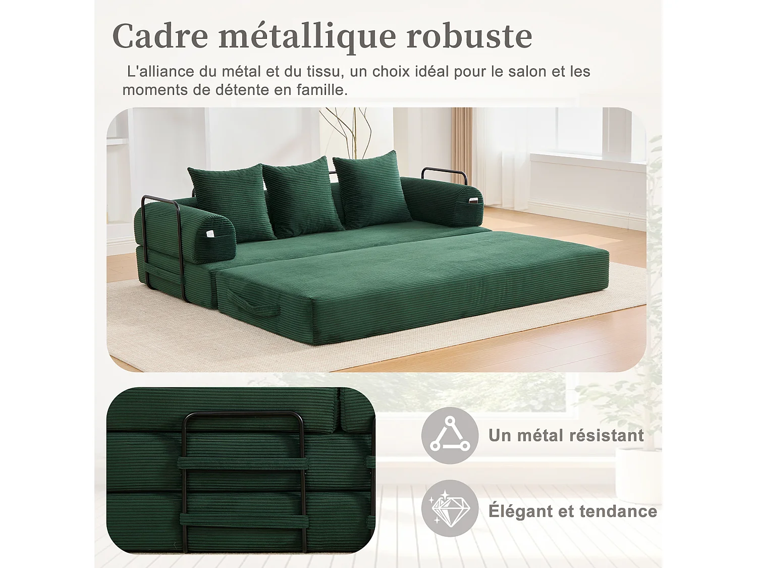 Kaleido 2.0 - Canapé Modulable en Velours Côtelé – Cadre Métallique Externe - Poches de Rangement et 3 Coussins Inclus - Vert - Idéal pour Salon, Appartement