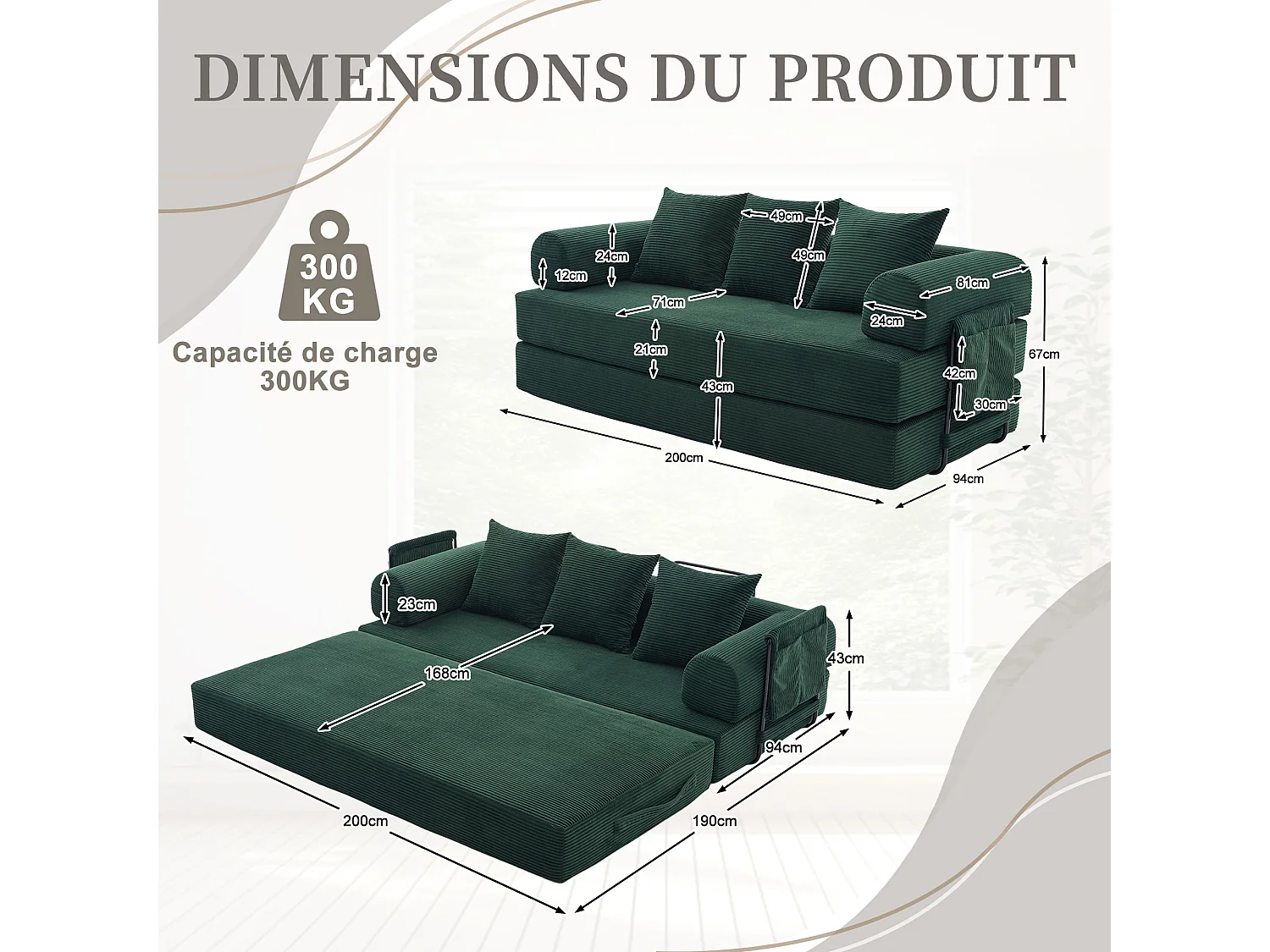 Kaleido 2.0 - Canapé Modulable en Velours Côtelé – Cadre Métallique Externe - Poches de Rangement et 3 Coussins Inclus - Vert - Idéal pour Salon, Appartement
