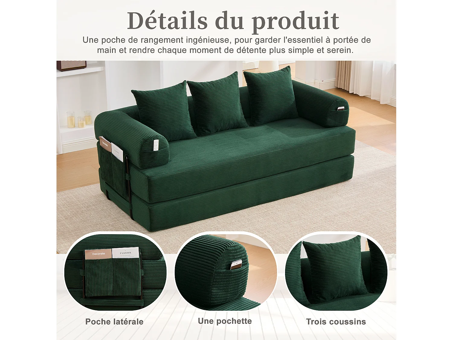 Kaleido 2.0 - Canapé Modulable en Velours Côtelé – Cadre Métallique Externe - Poches de Rangement et 3 Coussins Inclus - Vert - Idéal pour Salon, Appartement