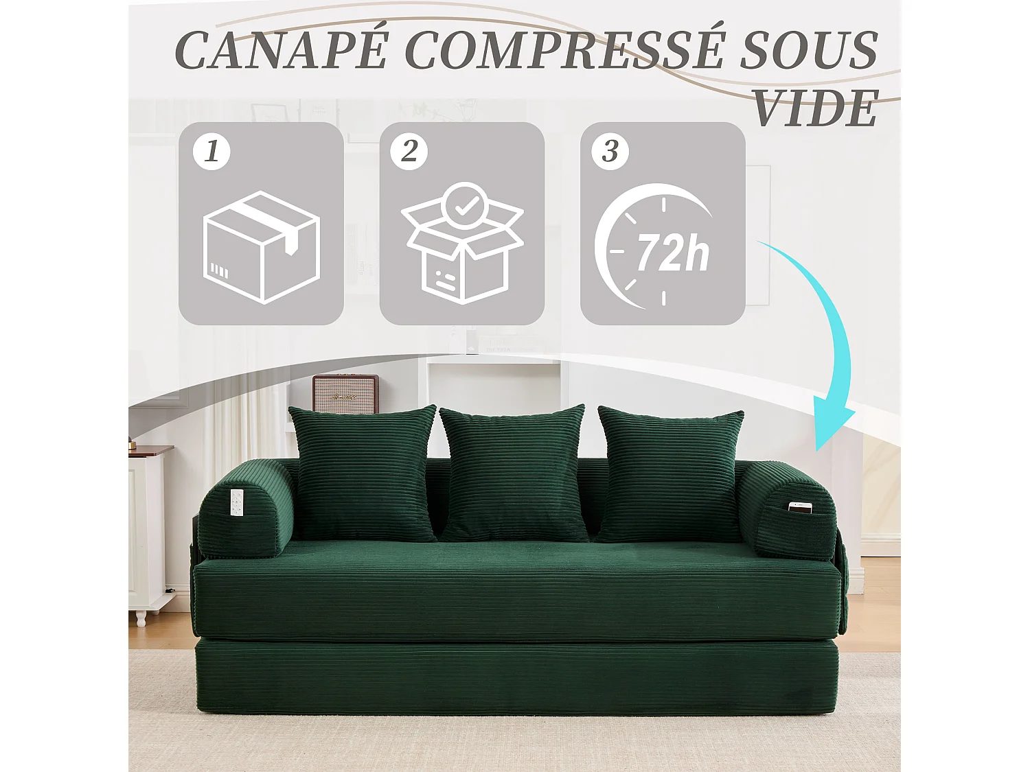 Kaleido 2.0 - Canapé Modulable en Velours Côtelé – Cadre Métallique Externe - Poches de Rangement et 3 Coussins Inclus - Vert - Idéal pour Salon, Appartement