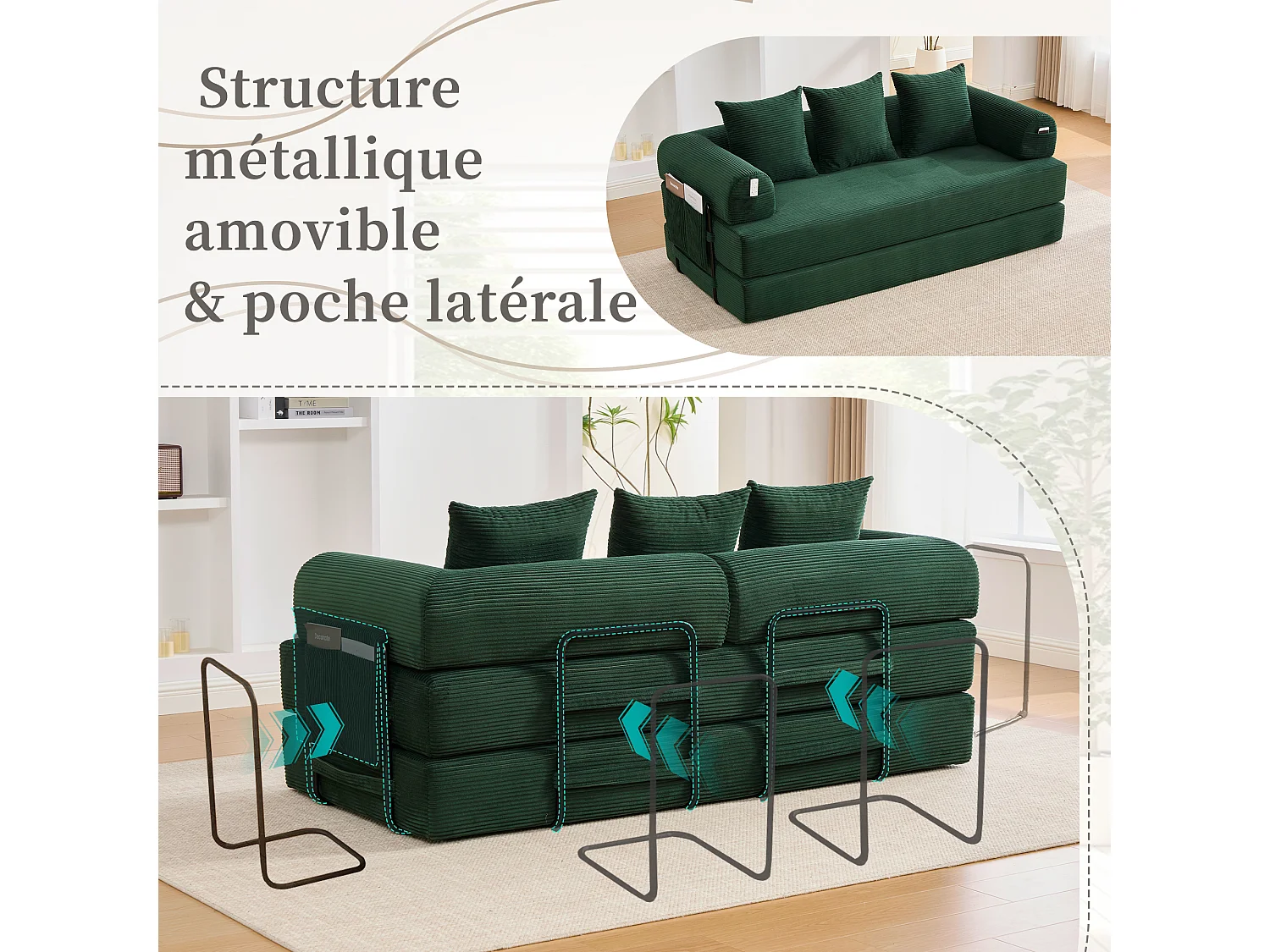 Kaleido 2.0 - Canapé Modulable en Velours Côtelé – Cadre Métallique Externe - Poches de Rangement et 3 Coussins Inclus - Vert - Idéal pour Salon, Appartement
