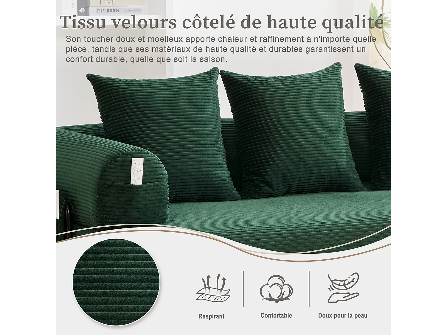 Kaleido 2.0 - Canapé Modulable en Velours Côtelé – Cadre Métallique Externe - Poches de Rangement et 3 Coussins Inclus - Vert - Idéal pour Salon, Appartement