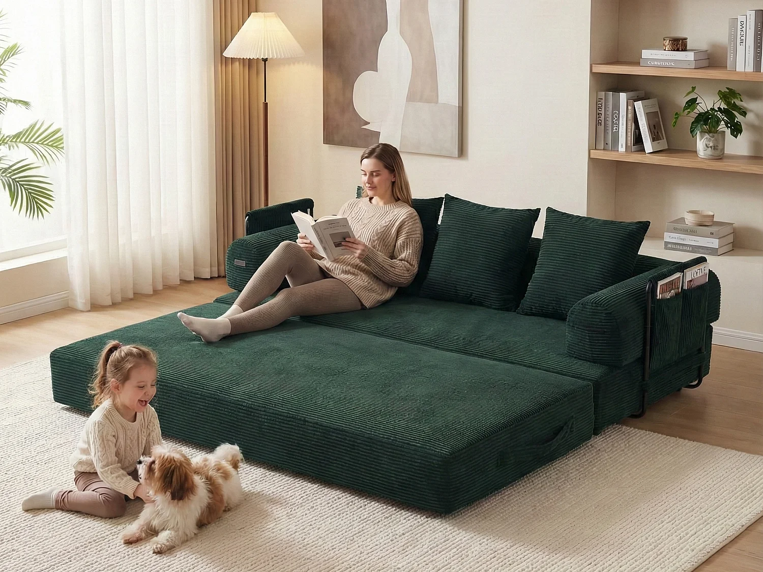 Kaleido 2.0 - Canapé Modulable en Velours Côtelé – Cadre Métallique Externe - Poches de Rangement et 3 Coussins Inclus - Vert - Idéal pour Salon, Appartement