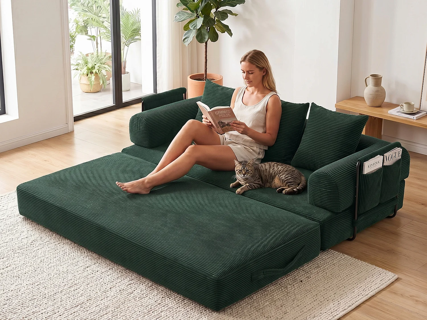 Kaleido 2.0 - Canapé Modulable en Velours Côtelé – Cadre Métallique Externe - Poches de Rangement et 3 Coussins Inclus - Vert - Idéal pour Salon, Appartement