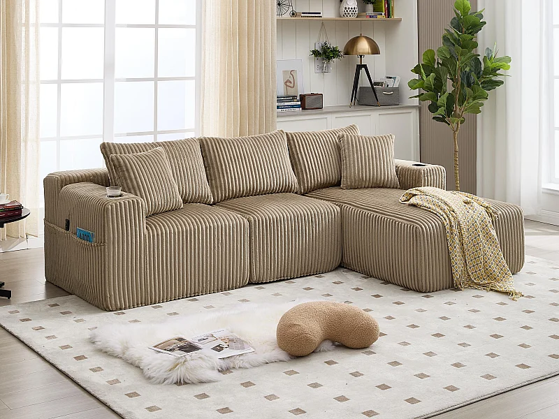 3-zits modulaire bank - Inclusief 5 kussens - Bekerhouders en zijvakken - Omvormbaar tot hoekbank - Ideaal voor woonkamer en studio