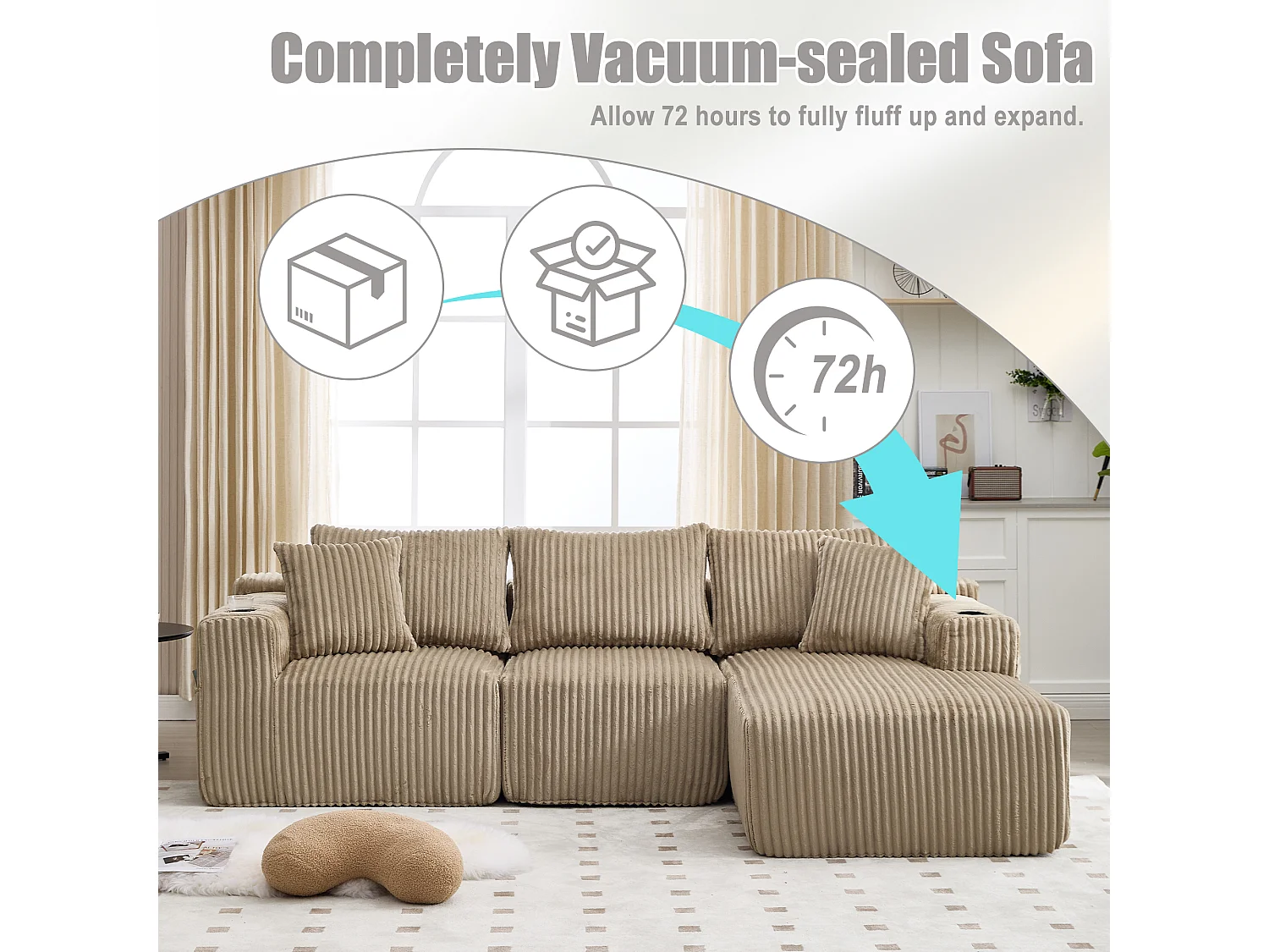 Canapé modulable 3 places - 5 coussins inclus - Porte-gobelets et poches latérales - Convertible en canapé d'angle - Kaki - Idéal salon et studio