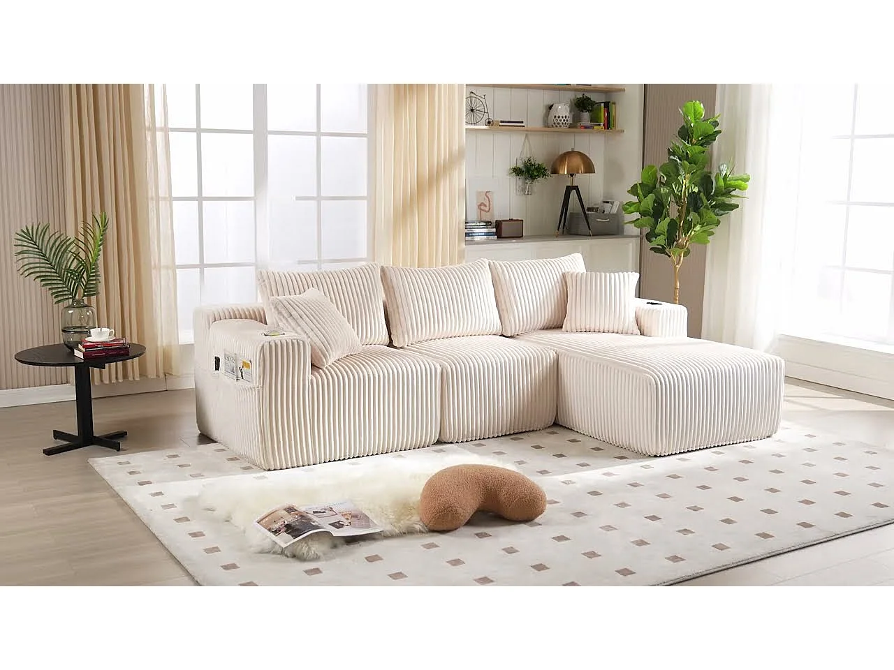 Canapé modulable 3 places - 5 coussins inclus - Porte-gobelets et poches latérales - Convertible en canapé d'angle - Kaki - Idéal salon et studio