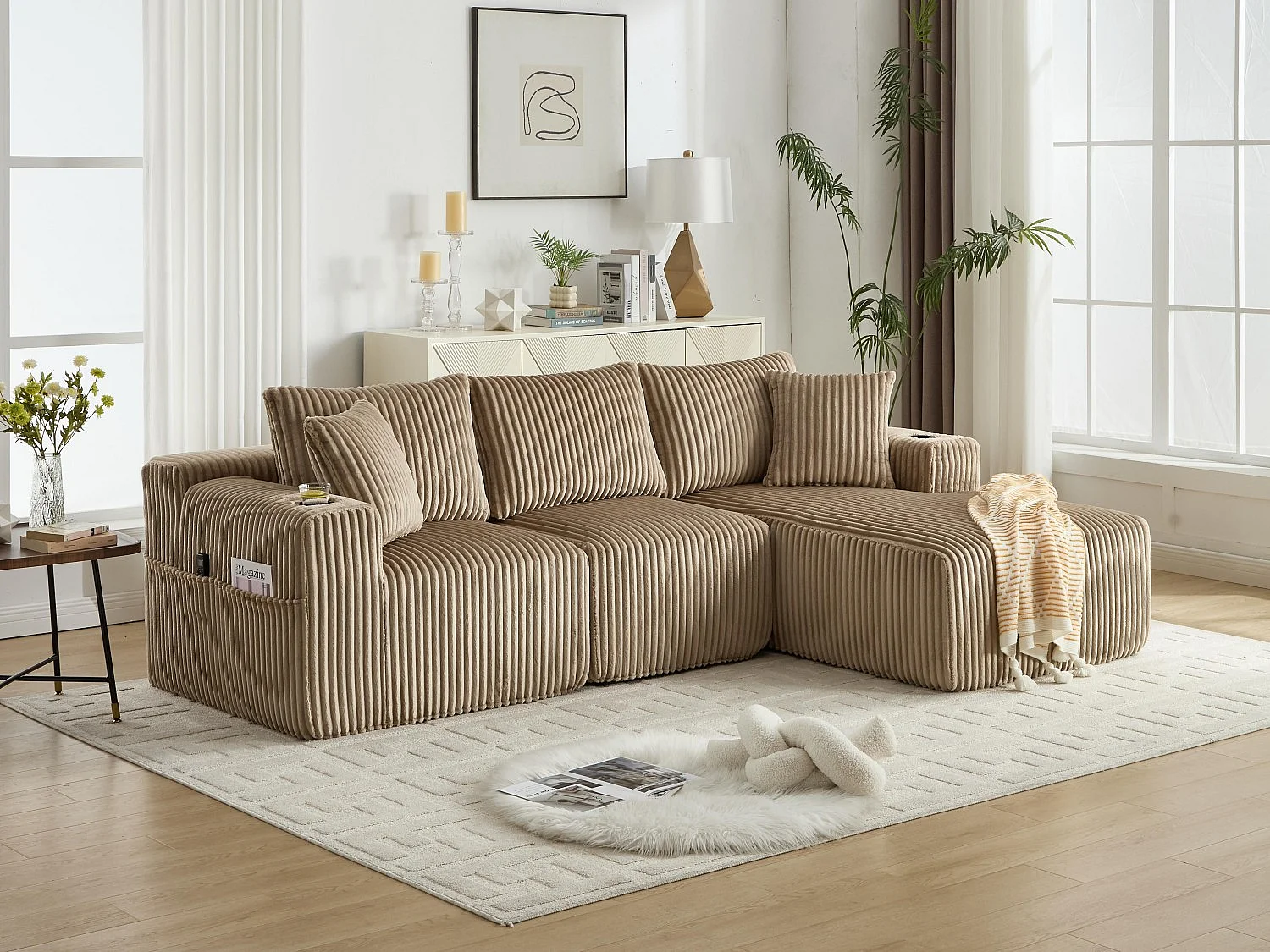 Canapé modulable 3 places - 5 coussins inclus - Porte-gobelets et poches latérales - Convertible en canapé d'angle - Kaki - Idéal salon et studio