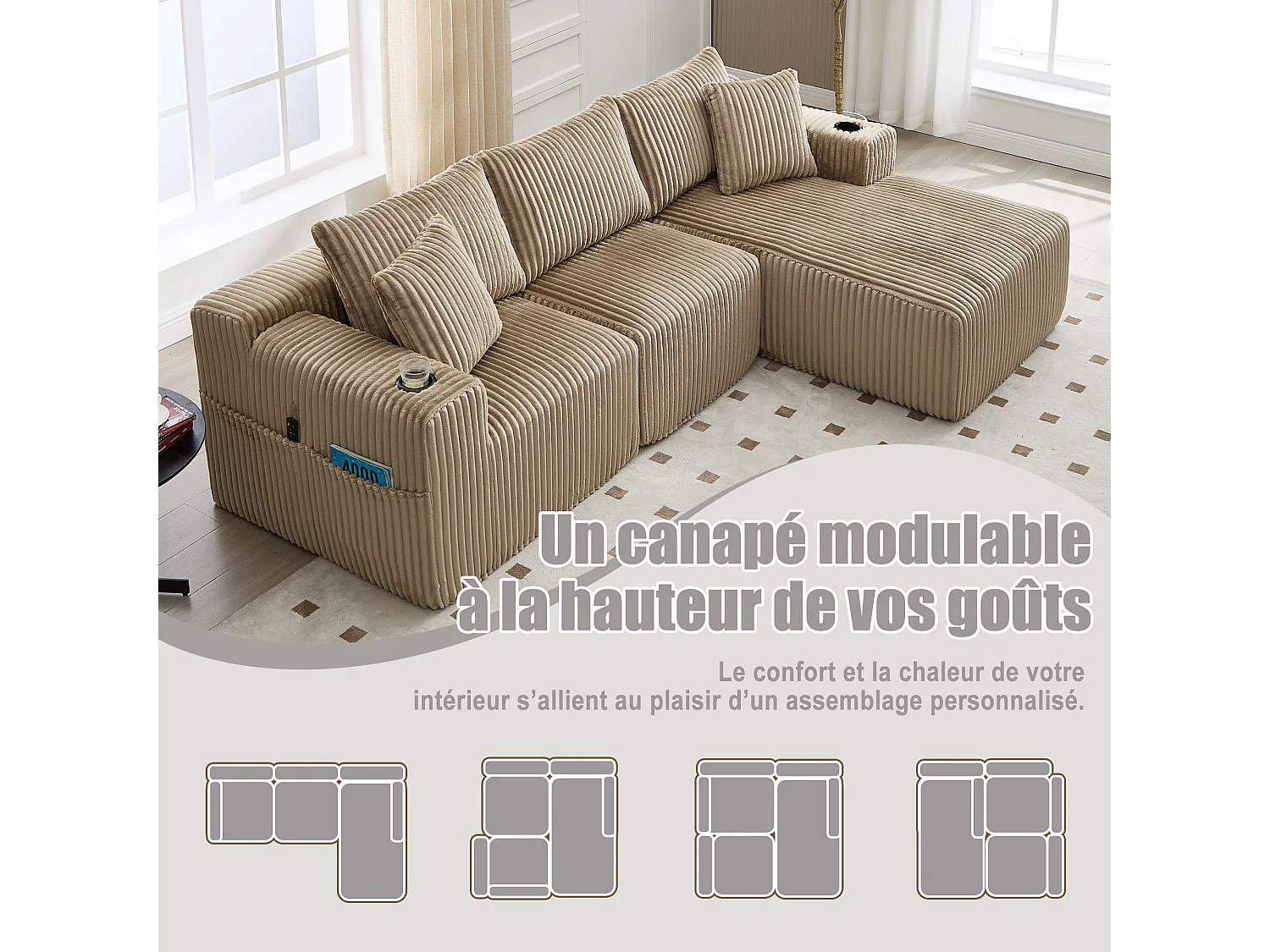 Canapé modulable 3 places - 5 coussins inclus - Porte-gobelets et poches latérales - Convertible en canapé d'angle - Kaki - Idéal salon et studio