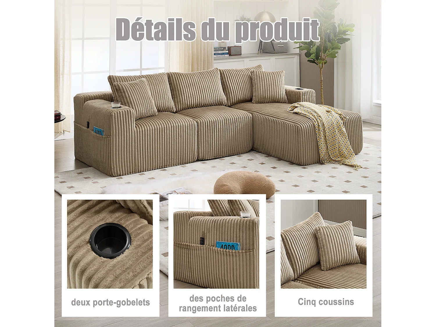 Canapé modulable 3 places - 5 coussins inclus - Porte-gobelets et poches latérales - Convertible en canapé d'angle - Kaki - Idéal salon et studio