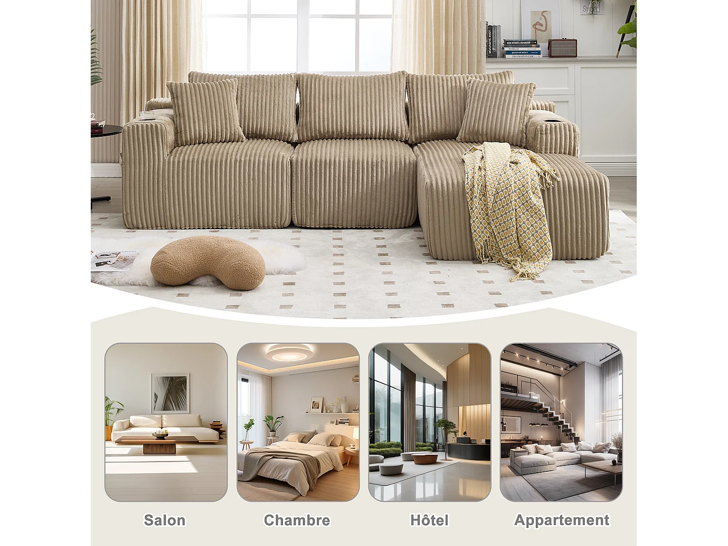 Canapé modulable 3 places - 5 coussins inclus - Porte-gobelets et poches latérales - Convertible en canapé d'angle - Kaki - Idéal salon et studio