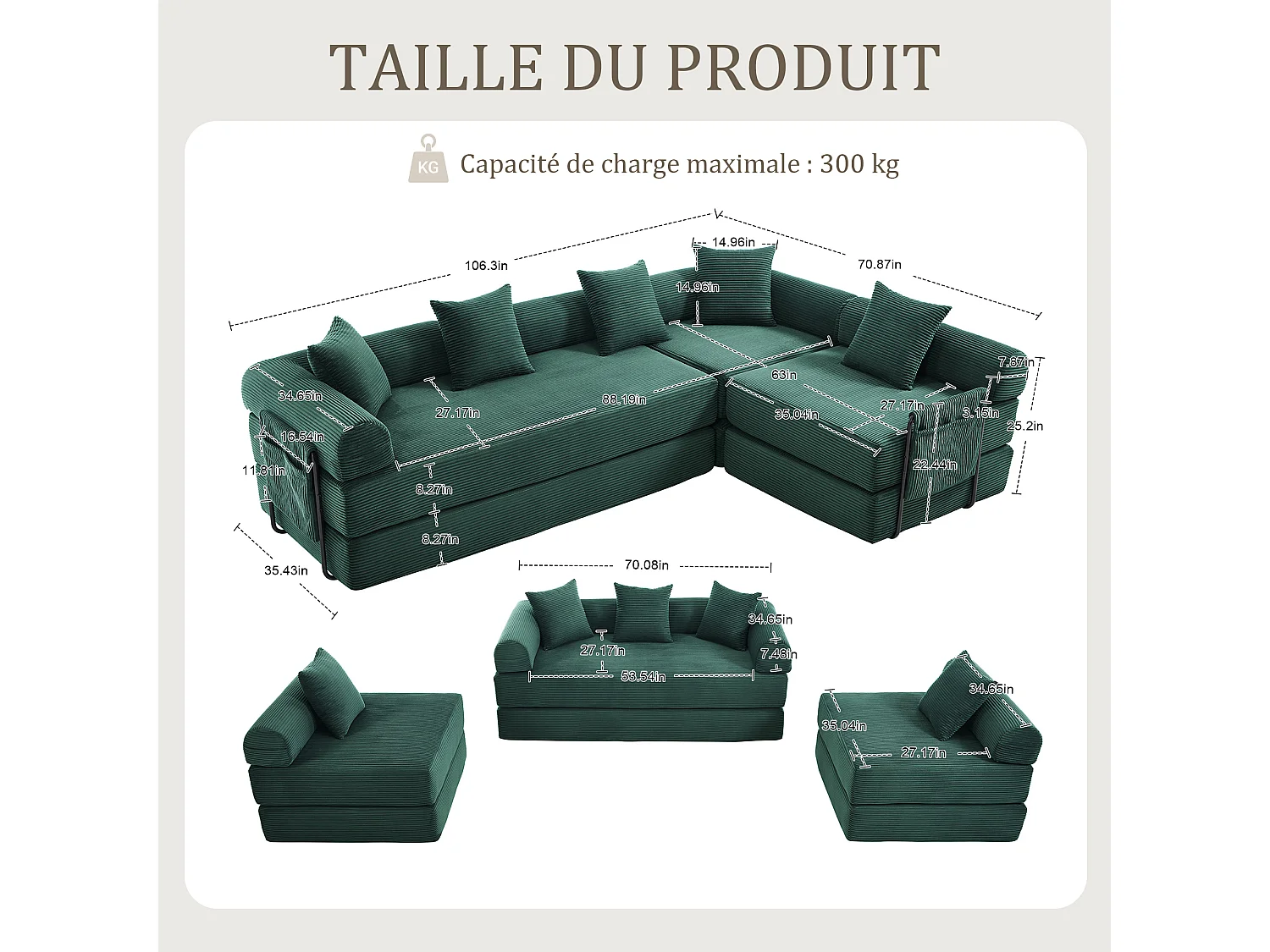 Kaleido 3.0 - Canapé Modulable 5 Places - Canapé Convertible avec Cadre Métal Externe - 5 Coussins Inclus - Combinaisons DIY Illimitées - Idéal Salon, Bureau